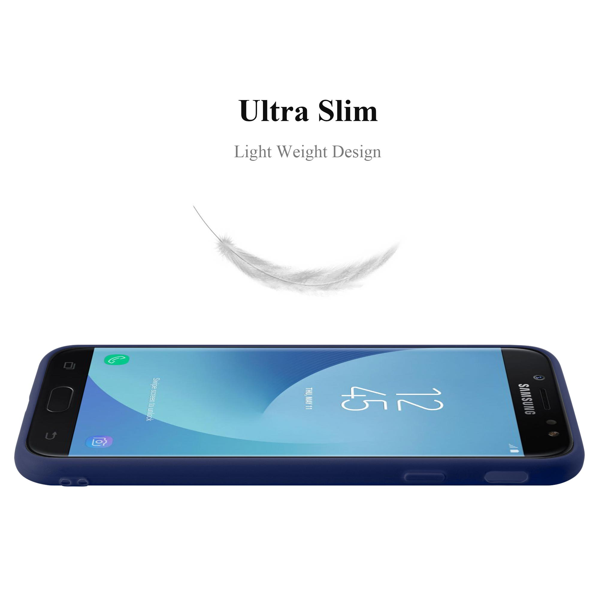 Custodia per telefono blu scuro su bianco. Il telefono è piatto. C'è una piuma sullo sfondo.