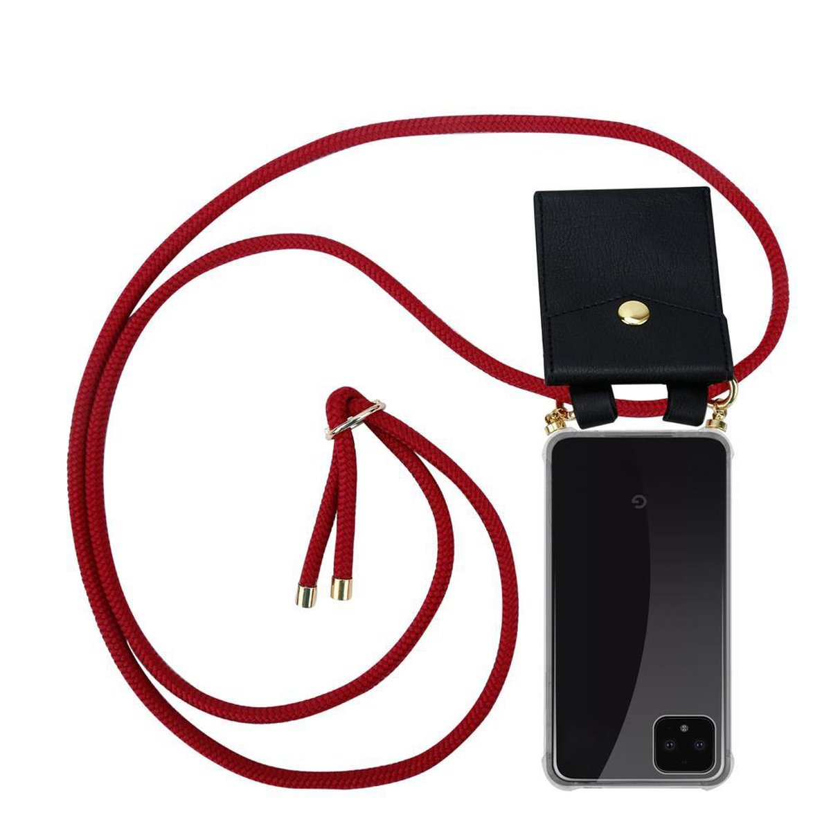 Ein Telefon mit einer durchsichtigen Hülle und ein rotes Schlüsselband mit einem schwarzen Leder-Telefonhalter.