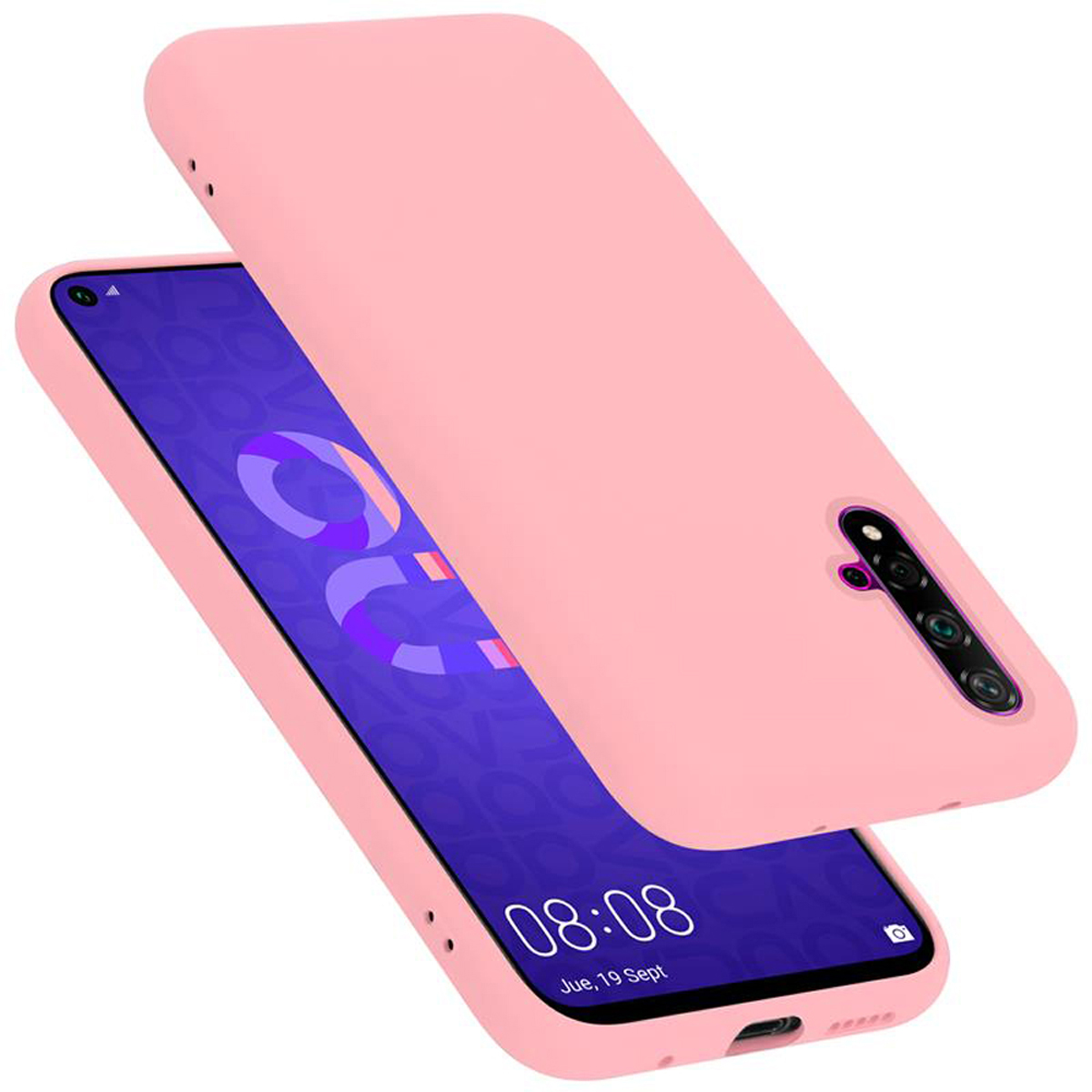 Rosa Handyhülle, Telefon zeigt Zeit und Datum. Eine andere Hülle liegt oben.