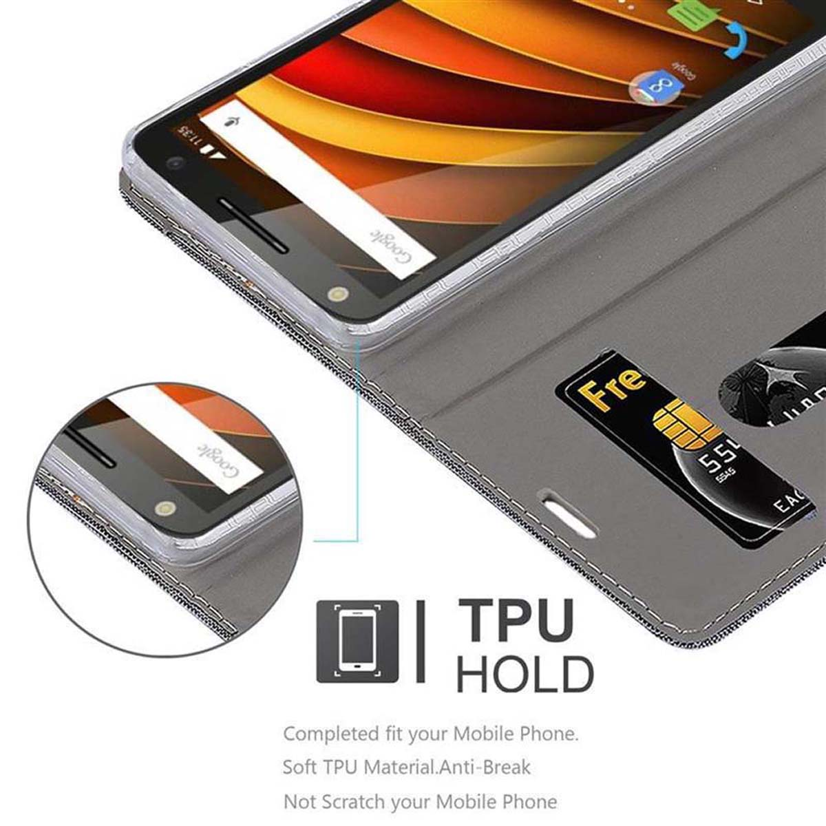 Un telefono in una custodia, aperto, con una scheda SIM. Testo 'TPU HOLD' e altro testo.