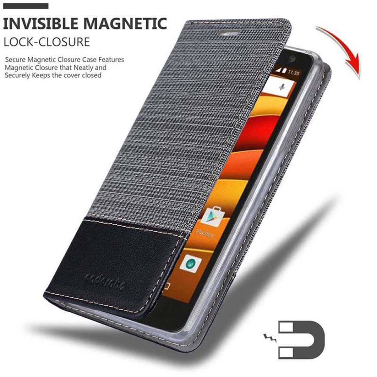 Un telefono è in una custodia grigia e nera. La custodia è aperta, rivelando lo schermo del telefono. Viene mostrato un magnete.