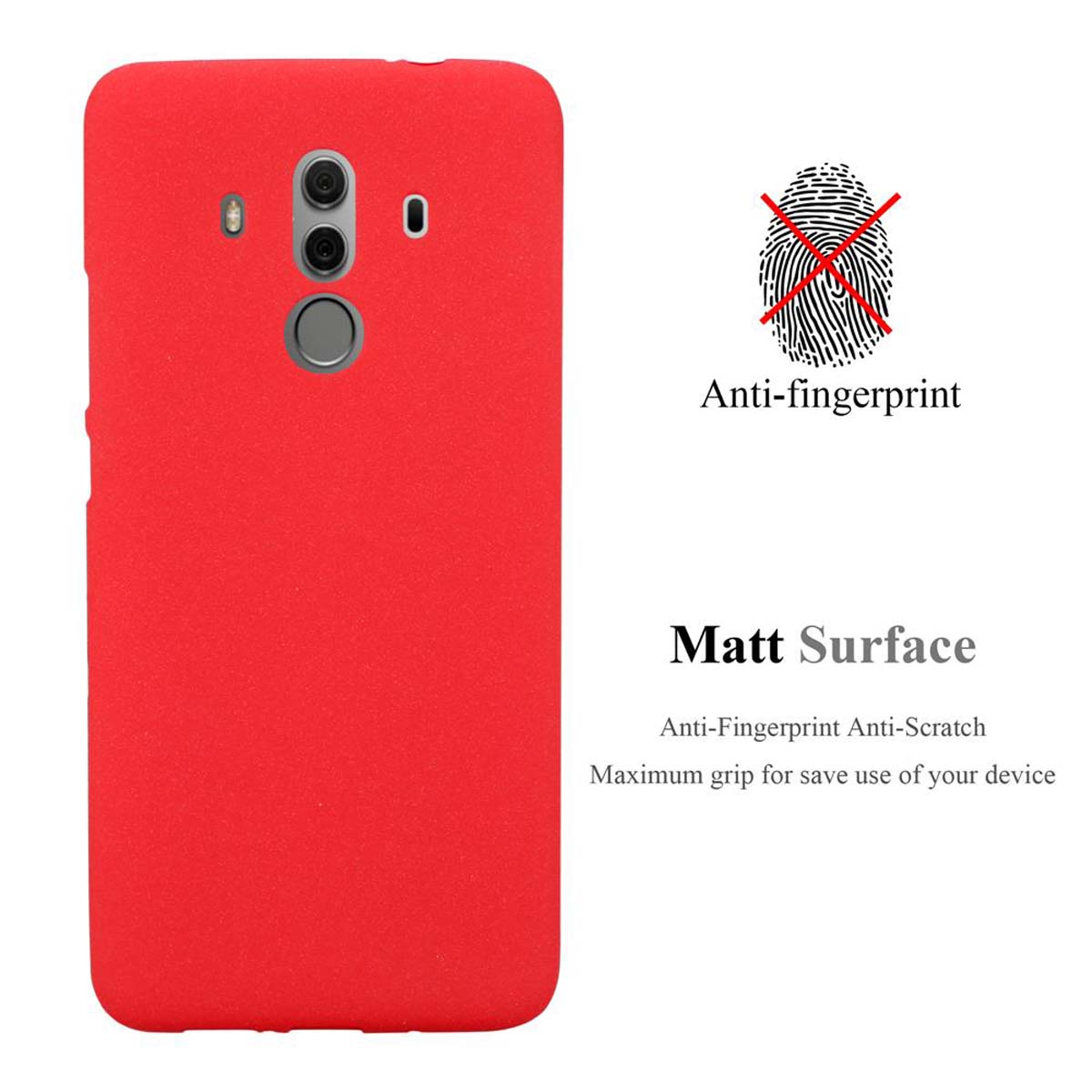 Una custodia rossa per telefono con telefono e testo: Anti-impronte, Superficie opaca, Anti-graffio.