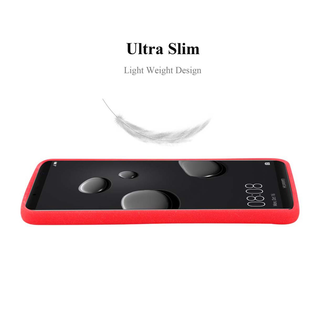 Un telefono in una custodia rossa. Testo: Ultra Sottile, Design Leggero. Viene mostrata una piuma.