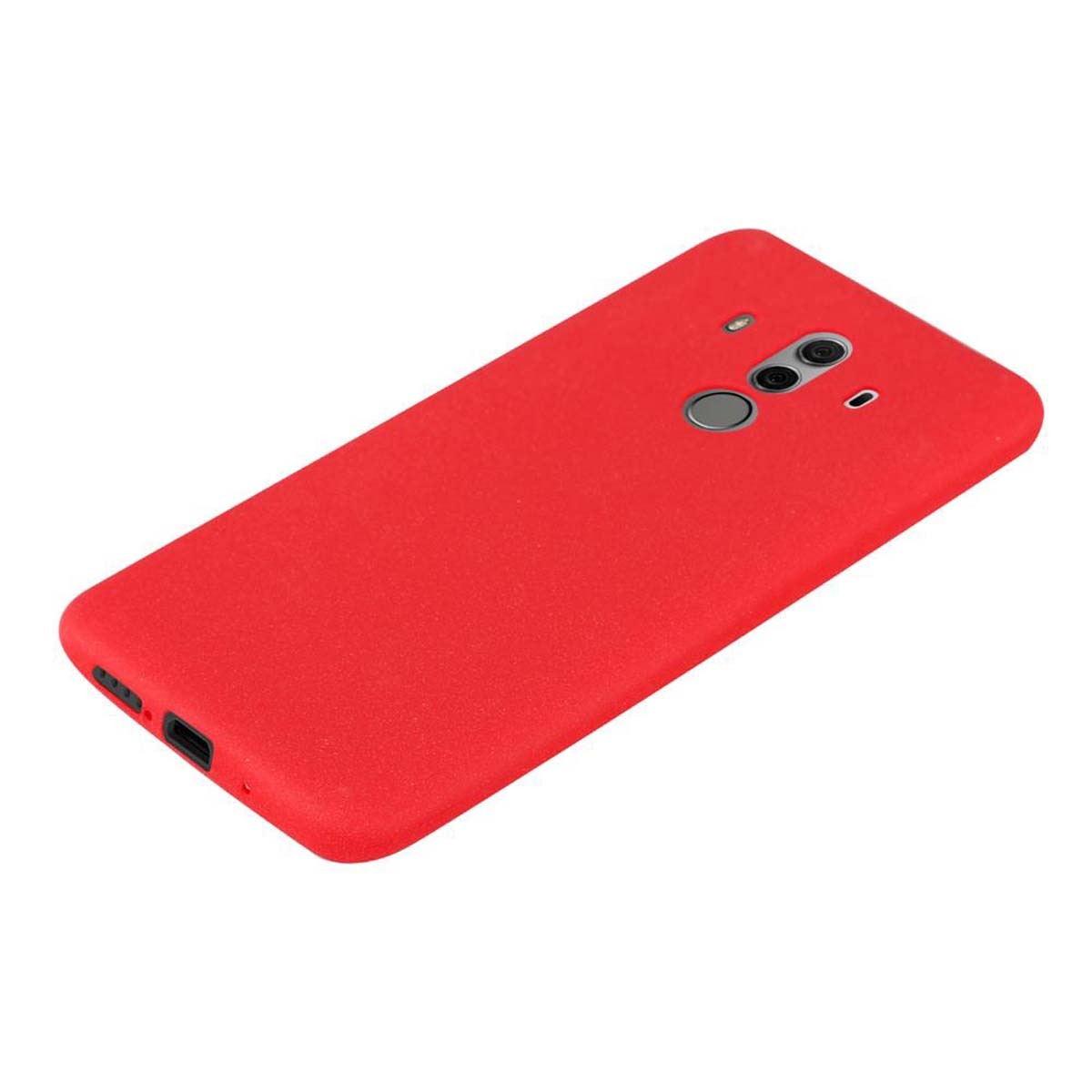 Una custodia rossa per telefono con tre fori per la fotocamera. È su sfondo bianco. Design semplice.