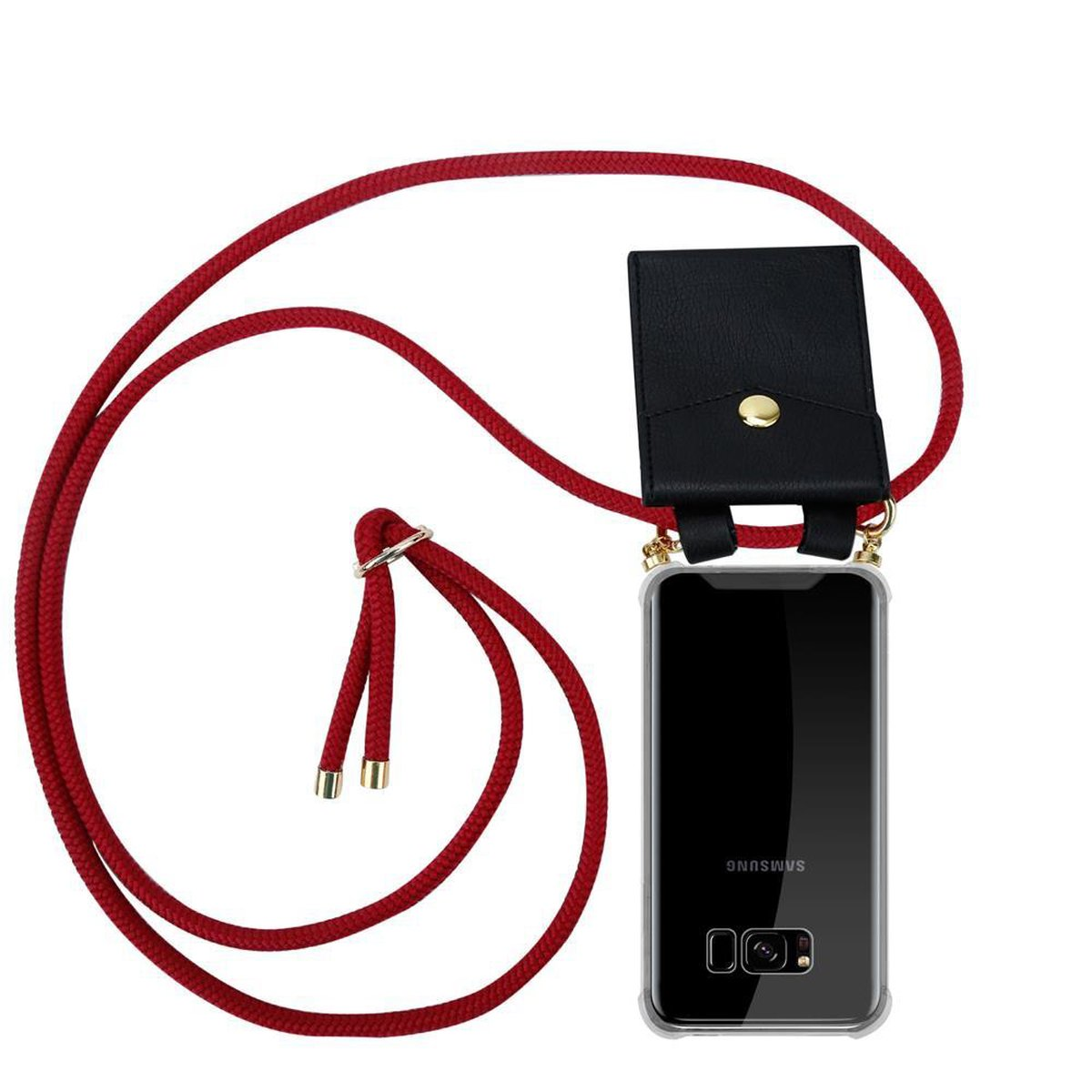 Telefono con custodia trasparente e corda rossa. Portafoglio in pelle nera attaccato. Sfondo bianco.