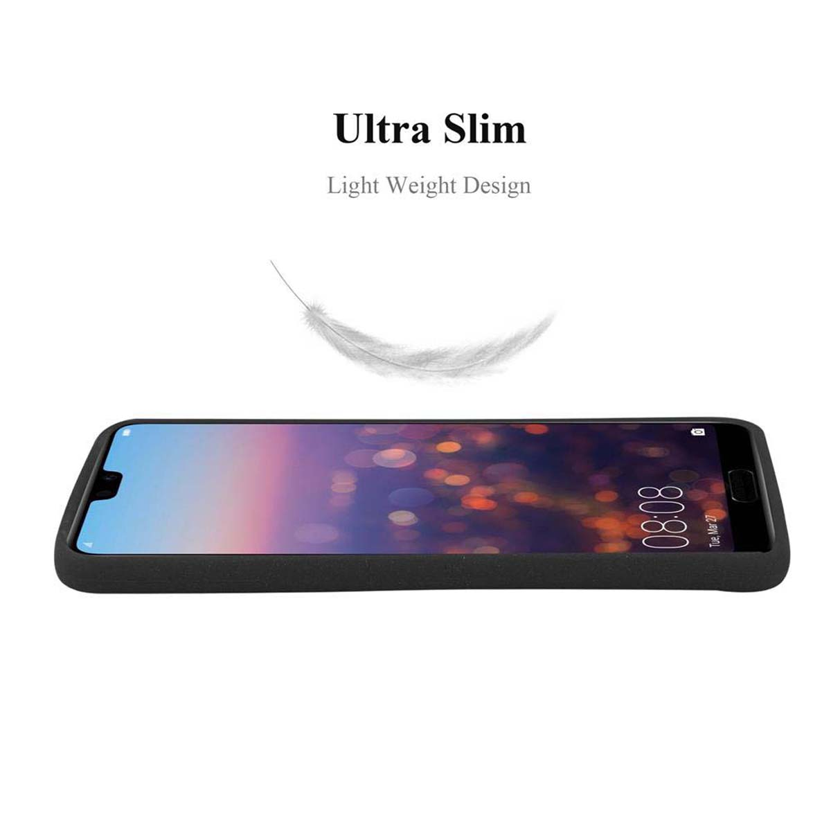 Un telefono nero su sfondo bianco. Testo: Ultra Slim. Design leggero. È presente anche una piuma.