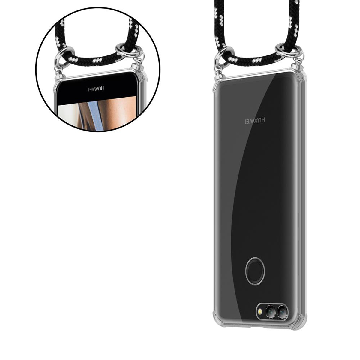 Klare Handyhülle mit schwarzem Kordel. Das Telefon hat eine schwarze Rückseite. Ein Kreis zeigt den Bildschirm.