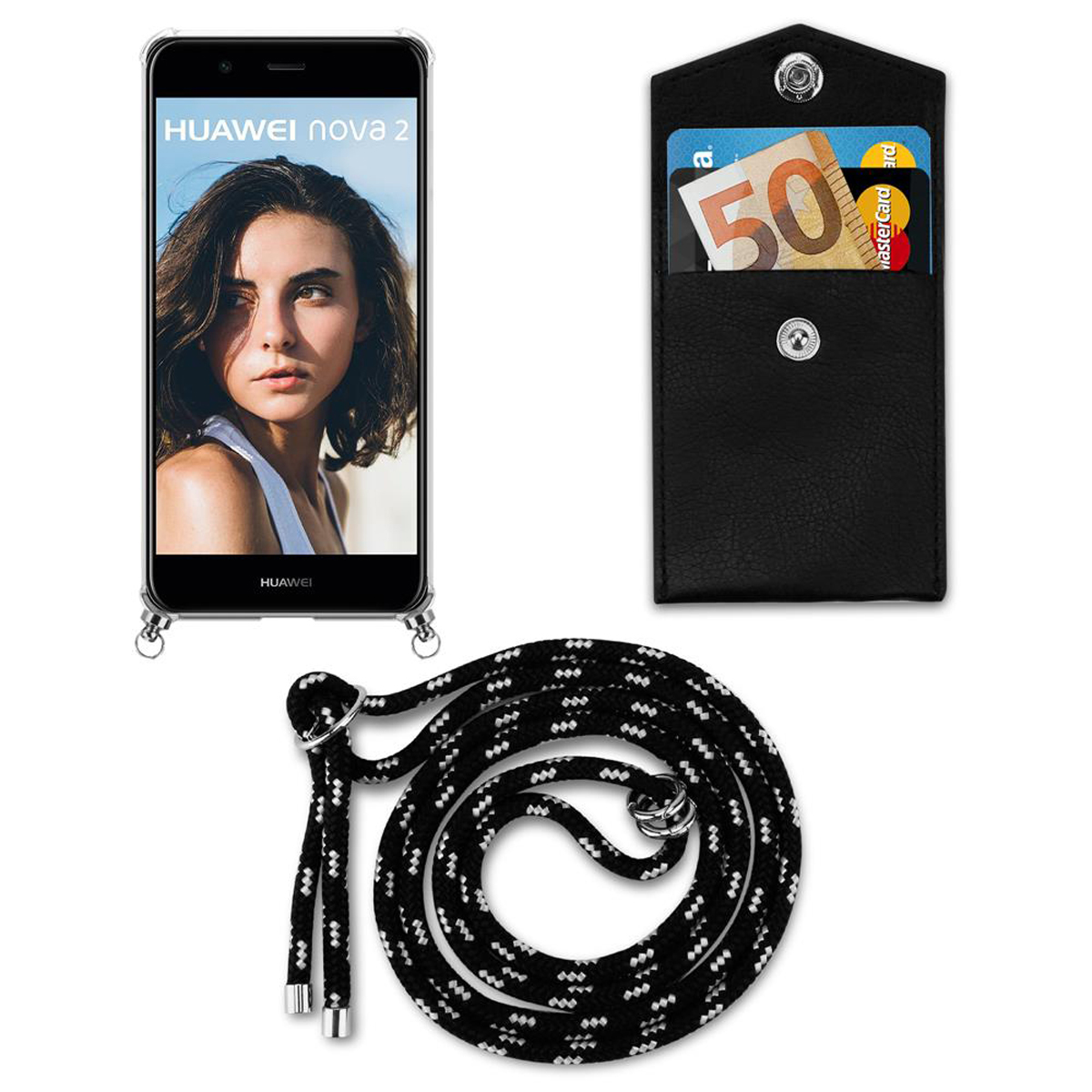 Ringen, Backcover, und mit Silber 2, Huawei, SILBER Hülle, CADORABO Kette Handy Kordel SCHWARZ abnehmbarer NOVA Band