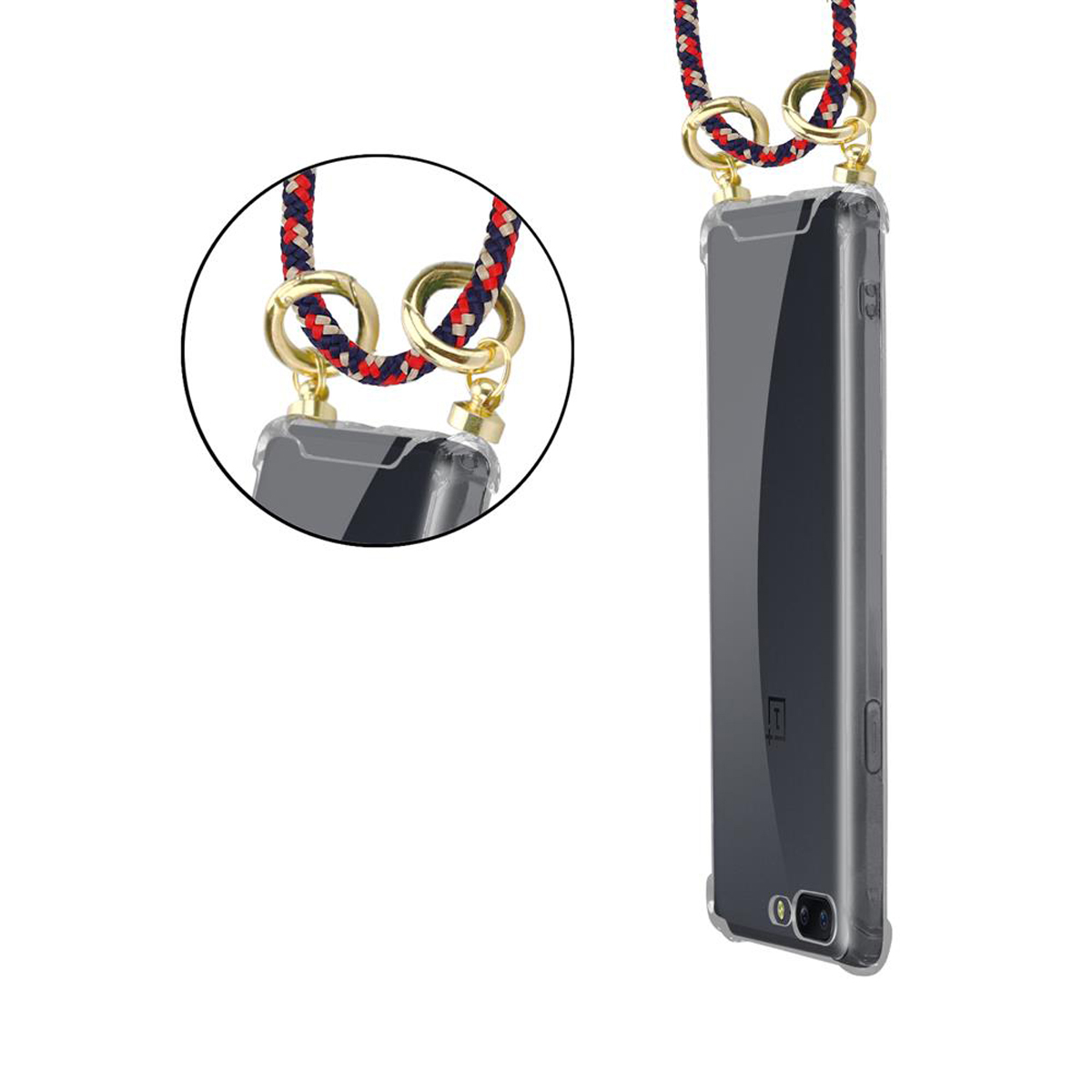 Ein Telefon in einer transparenten Hülle mit einem rot-blau-weißen Kabel und goldenen Ringen um das Telefon.