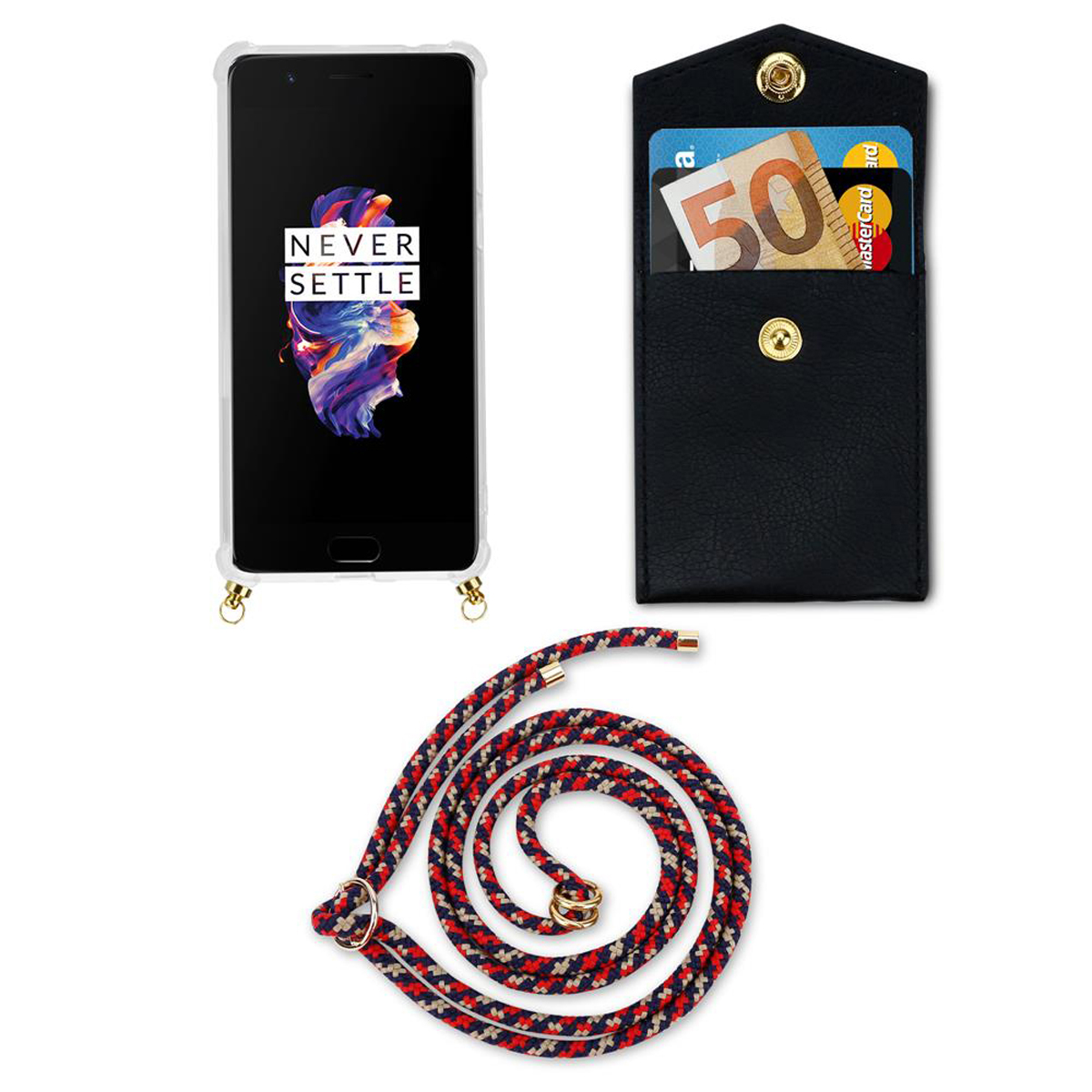 Telefon mit angebrachter Hülle und Lanyard. Hülle hat Kartenfächer. Lanyard ist rot, schwarz und weiß.