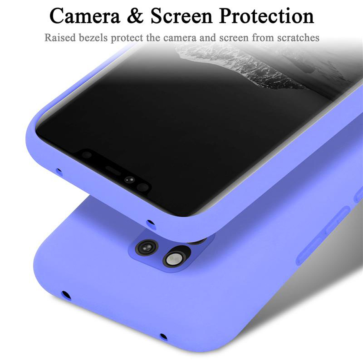 Eine lila Handyhülle mit einem Telefon. Kamera und Bildschirm sind geschützt. Weißer Hintergrund.