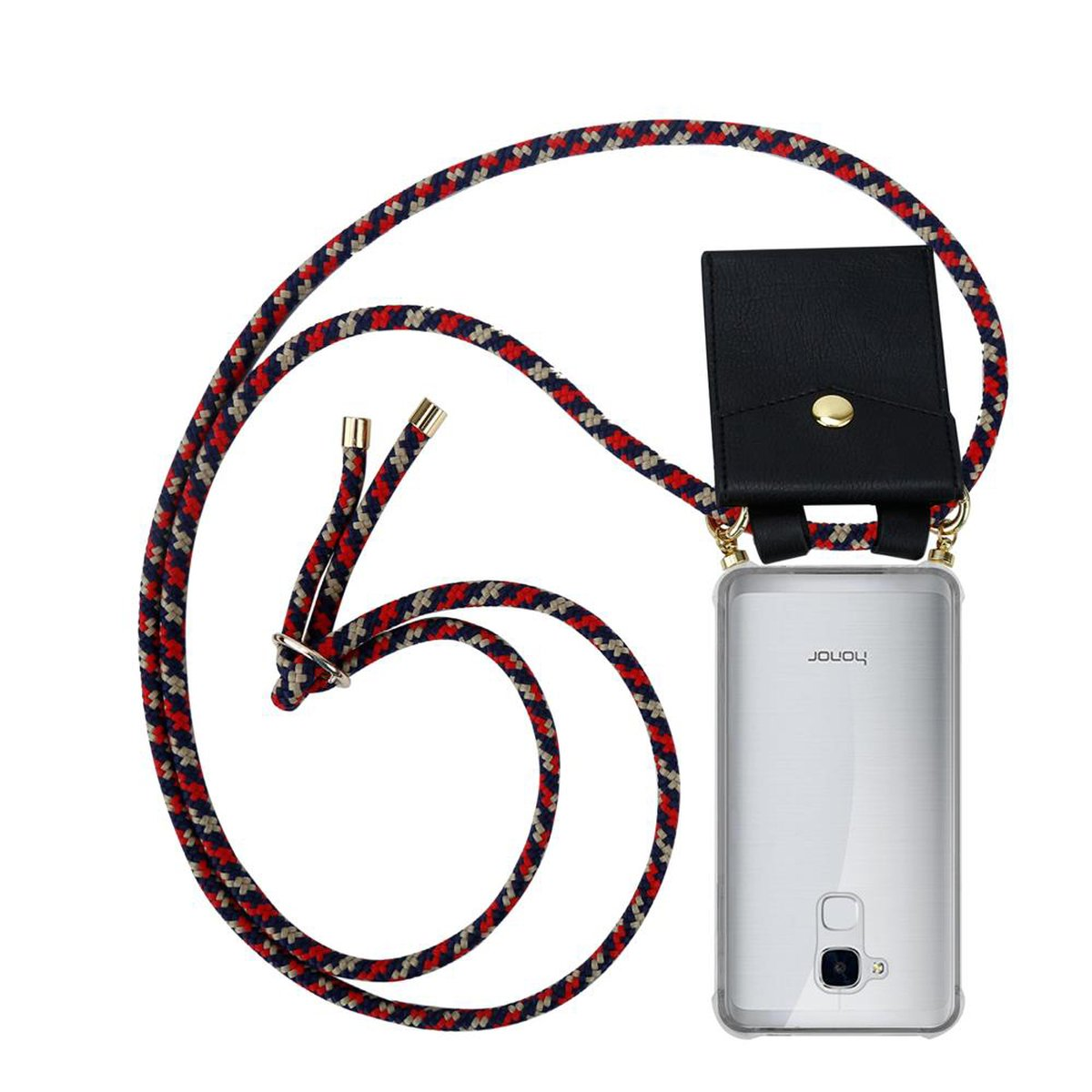 Telefon mit rot-blau-weißem Lanyard. Transparente Hülle, silbernes Telefon.