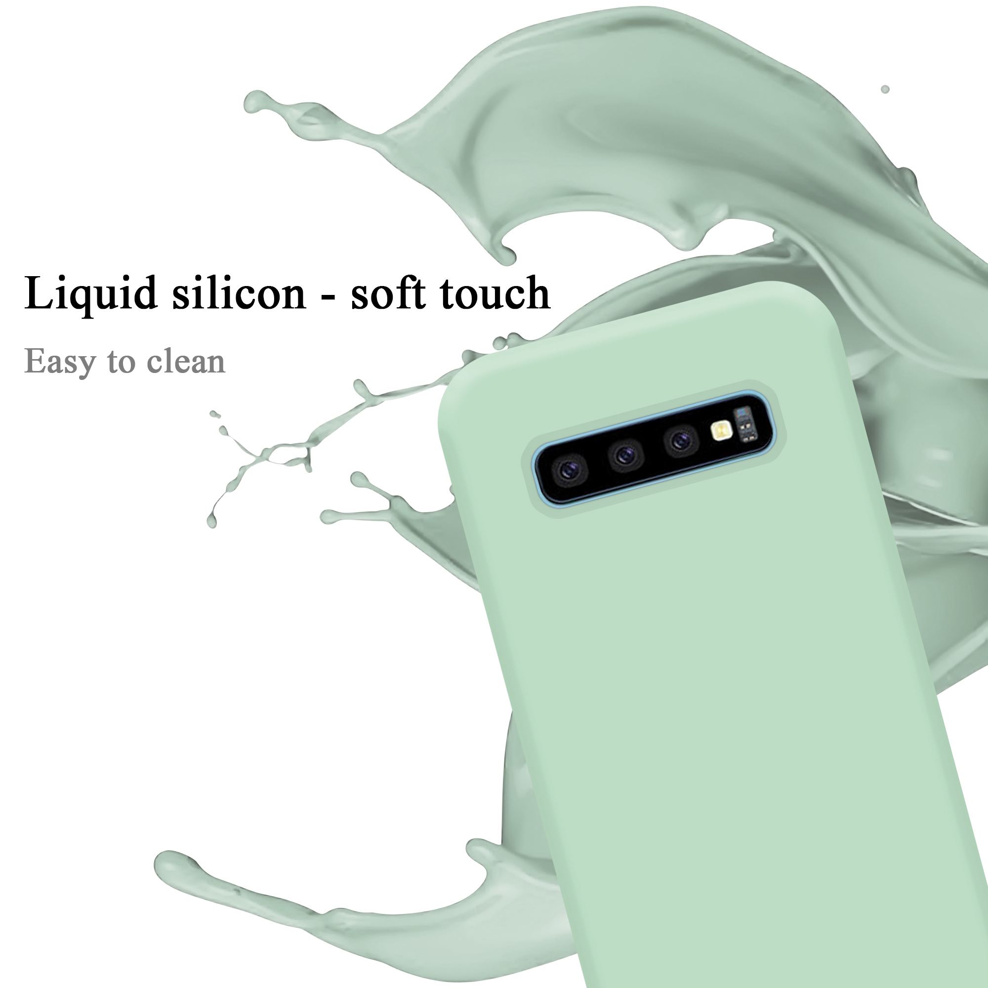 Mintgrüne Handyhülle mit einem Telefon. Flüssigkeitsspritzer im Hintergrund. Text: 'Liquid silicone'.