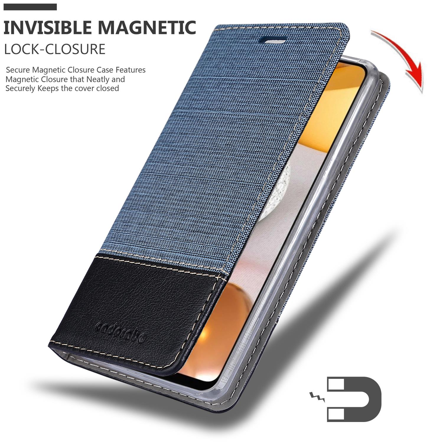 Custodia per telefono in posizione aperta, blu denim e nero, con un magnete e una freccia che lo indica.
