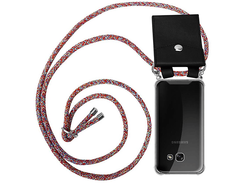 CADORABO Handy Kette mit Silber Ringen, Kordel Band und abnehmbarer Hülle, Backcover, Samsung, Galaxy A5 2017, COLORFUL PARROT