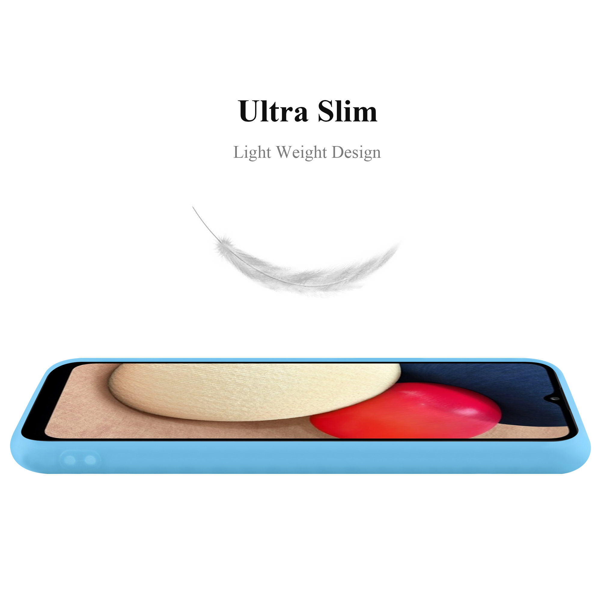 Primo piano di una custodia per telefono azzurra con la scritta 'Ultra Slim' e una piuma.