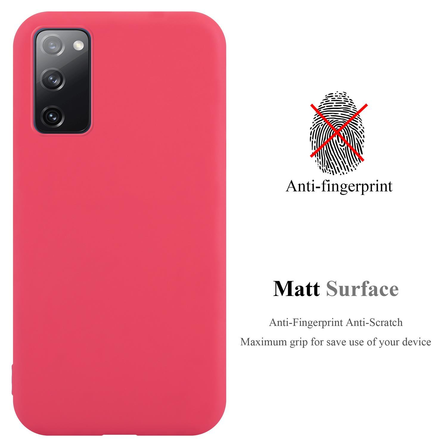 Eine rote Handyhülle mit einer Anti-Fingerabdruck-Matt-Oberfläche. Der Text auf der Hülle.