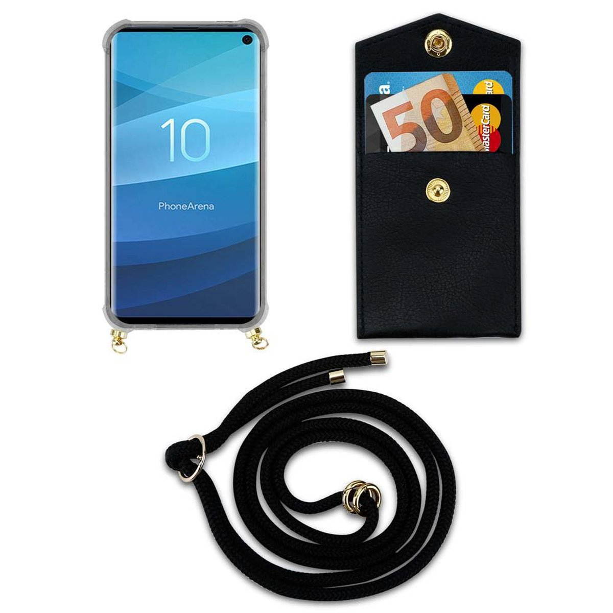 Telefono con cordino e custodia a portafoglio. Il portafoglio ha una banconota da 50 euro e una carta.