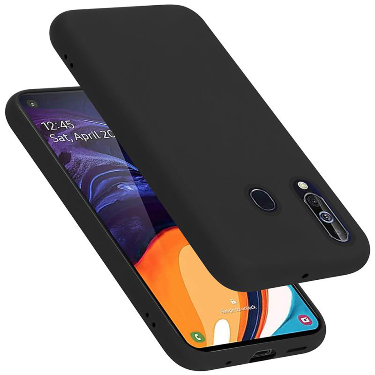 Schwarze Handyhülle mit Telefon. Die Hülle ist leicht erhöht.