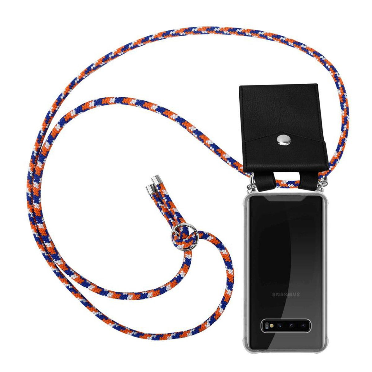 CADORABO Handy Kette mit abnehmbarer Kordel und Hülle, BLAU Ringen, WEIß Samsung, Silber Galaxy 4G, S10 Backcover, Band ORANGE