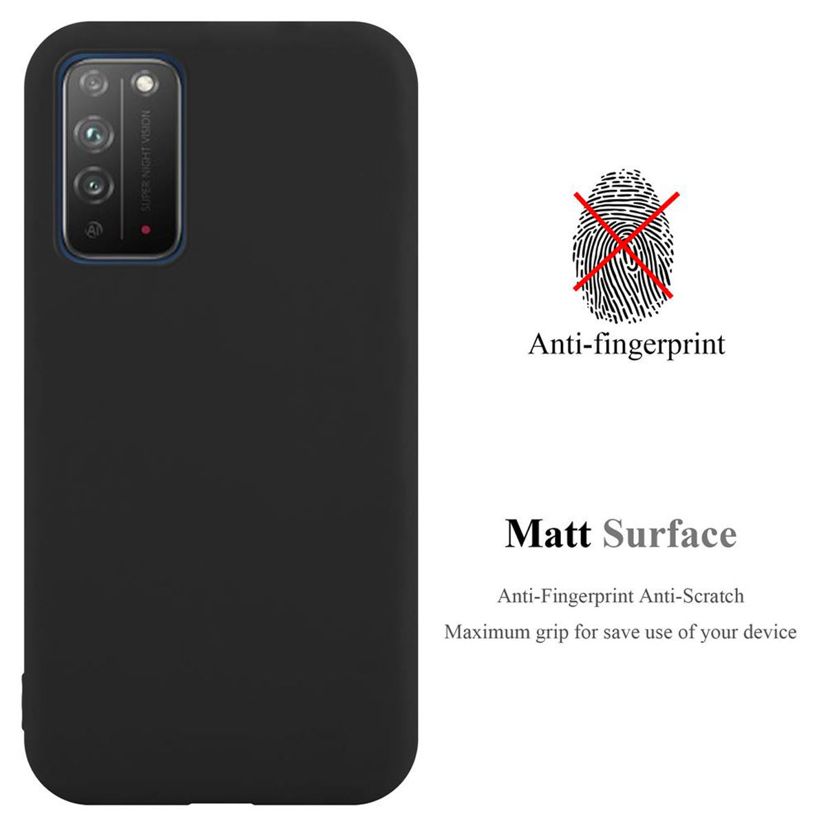 Schwarze Handyhülle. Text: 'Anti-Fingerabdruck' und 'Matt-Oberfläche'.
