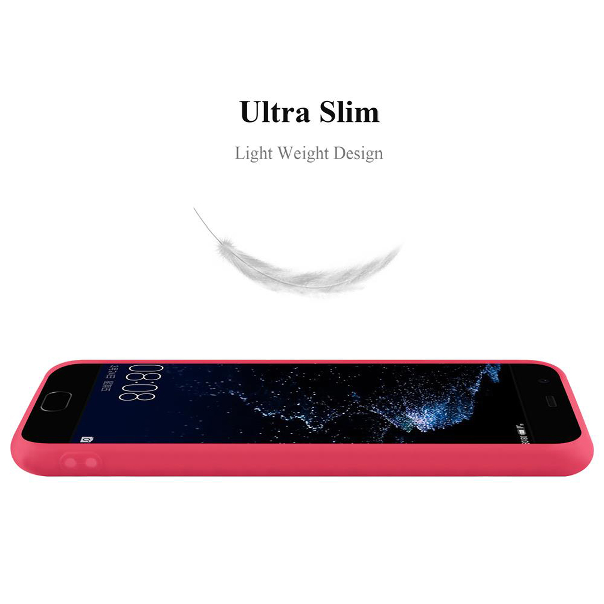 Una funda roja para teléfono. El texto dice 'Ultra Slim, Light Weight Design'. Una pluma blanca flota sobre el teléfono.