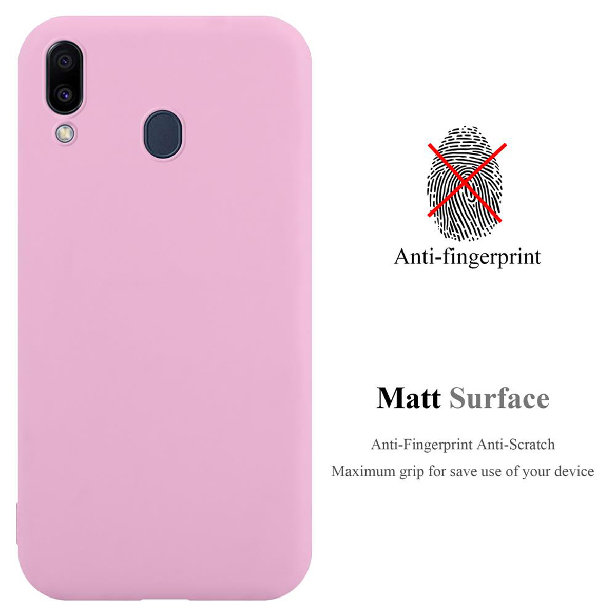 Custodia rosa per telefono con telefono all'interno. Testo: Anti-impronta, superficie opaca, antigraffio, presa massima.