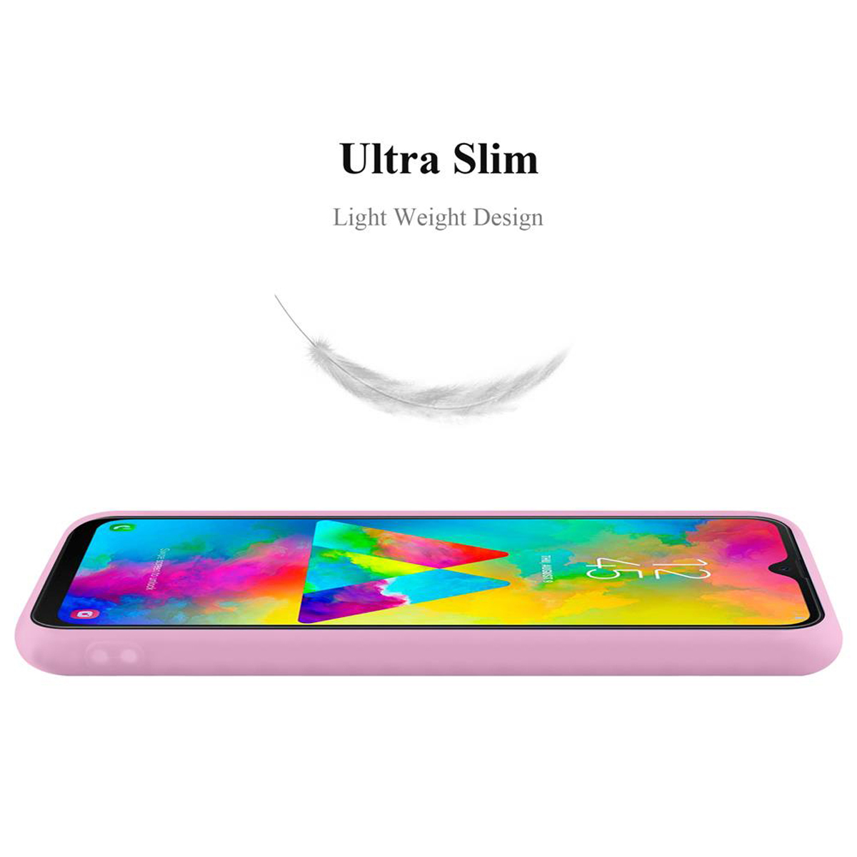 Un telefono in una custodia rosa. Lo sfondo è bianco, con il testo 'Ultra Slim'.
