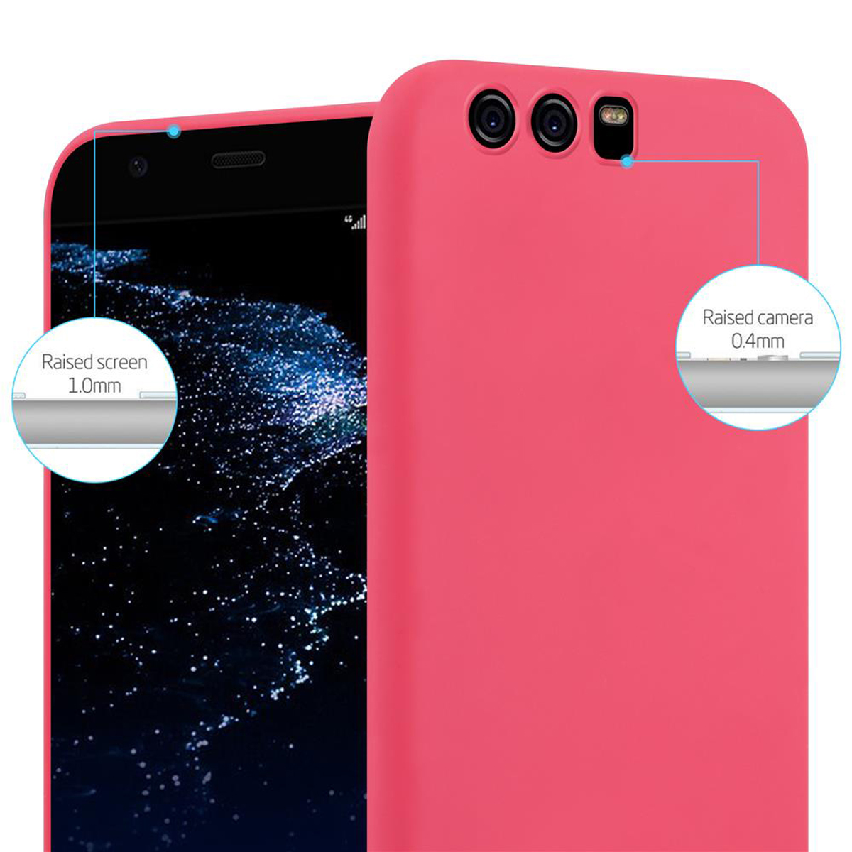 Un primer plano de un teléfono y una funda, que muestra detalles de la pantalla y la cámara elevadas.