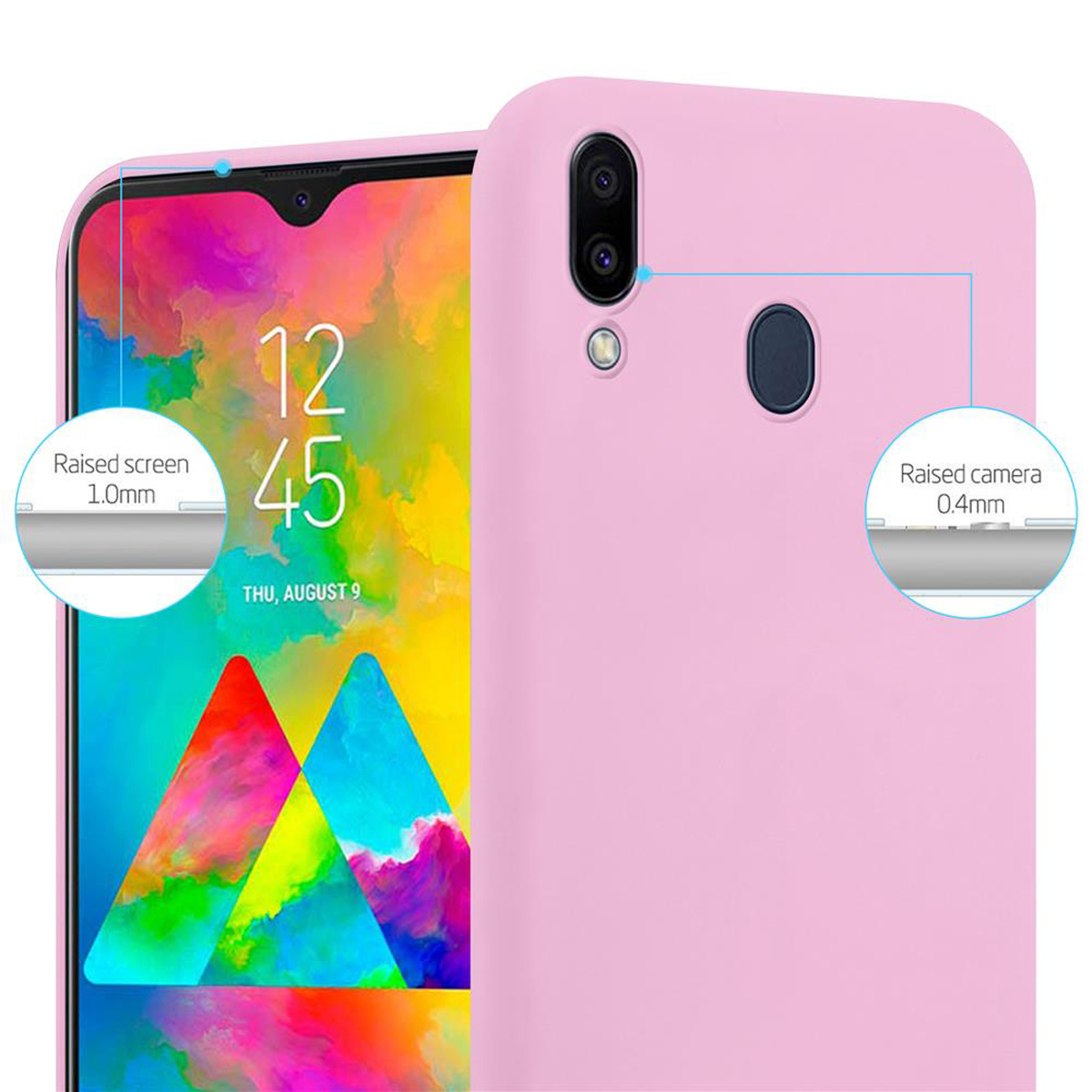 Custodia per telefono rosa con dettagli dello schermo e della fotocamera, su sfondo bianco.