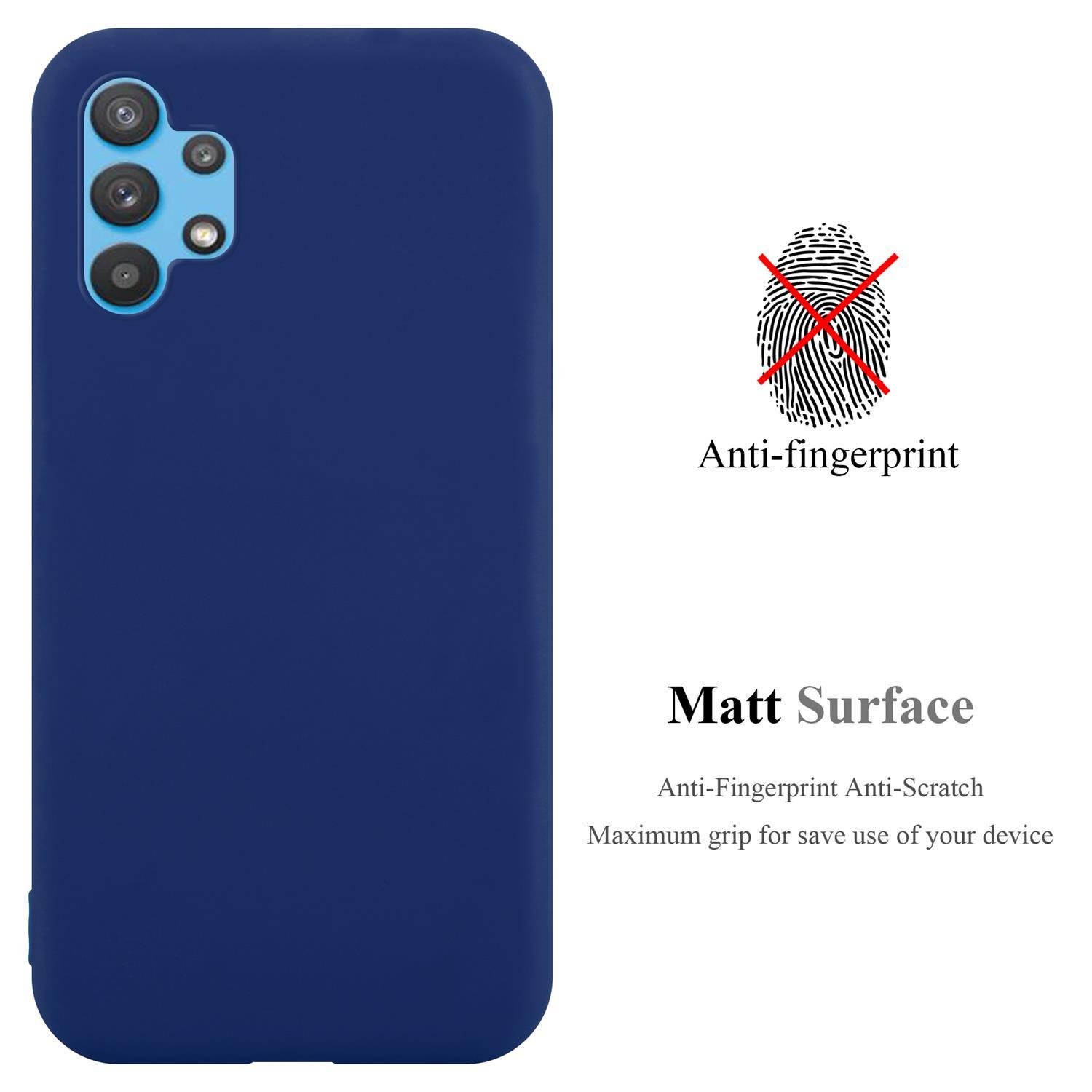 Eine blaue Handyhülle. Der Text lautet „Matt Surface“ und „Anti-Fingerprint“. Ein Fingerabdrucksymbol mit einem Kreuz wird angezeigt.