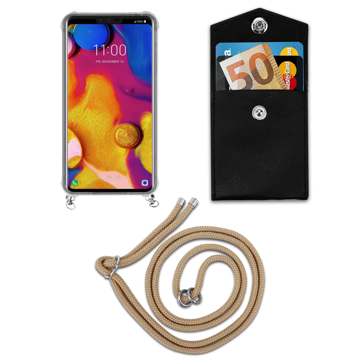 Telefon mit beigefarbenem Seil und schwarzem Portemonnaie mit Bargeld. Weißer Hintergrund.