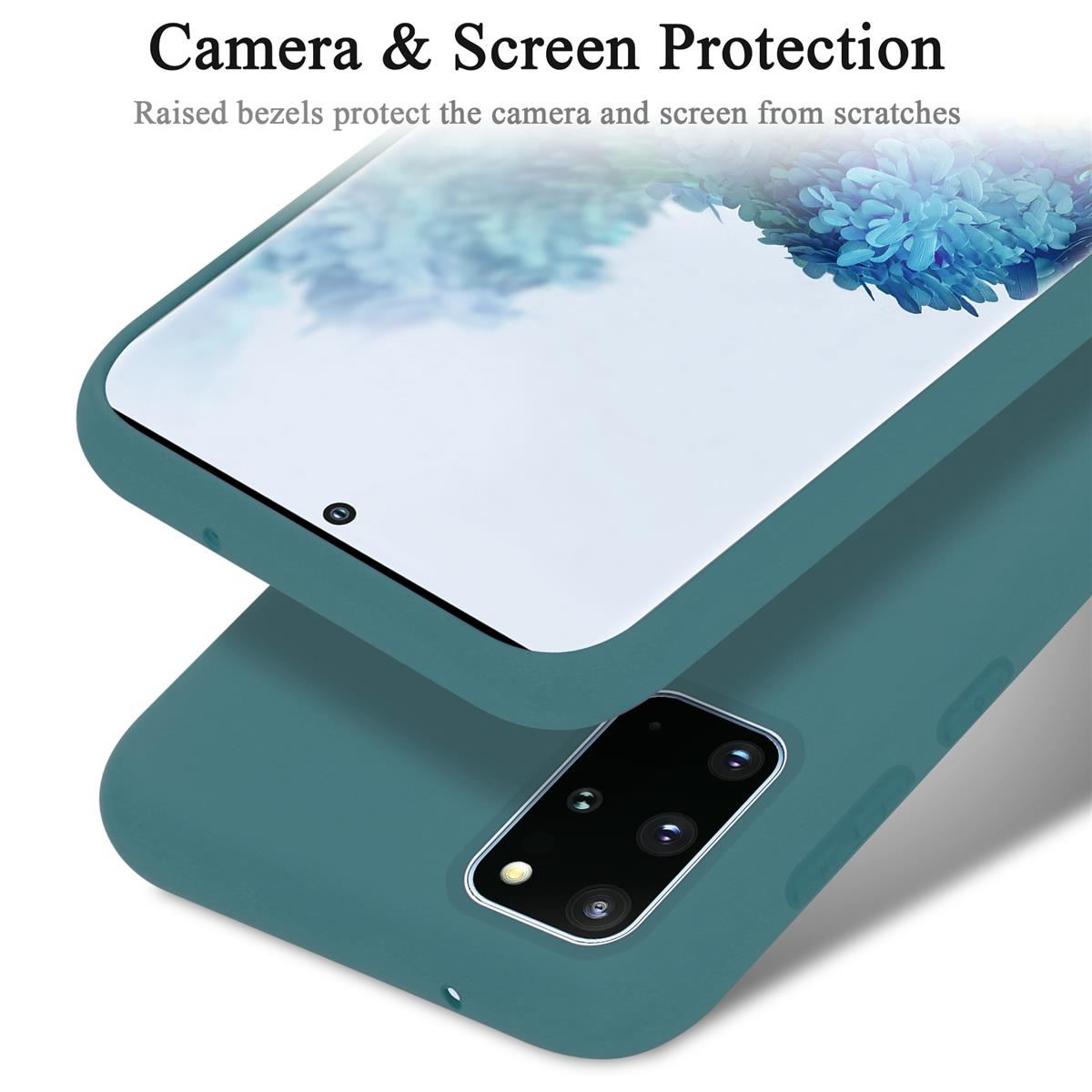 Custodia per telefono che protegge lo schermo. Testo: Protezione fotocamera e schermo, le lunette rialzate proteggono dai graffi.