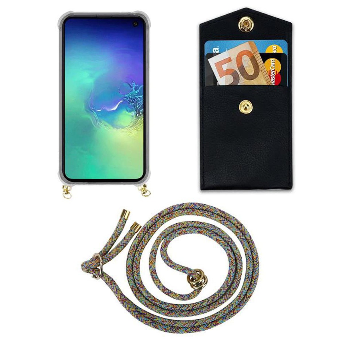Una custodia per telefono, un portafoglio nero con una banconota da 50 euro e un cinturino colorato per telefono.