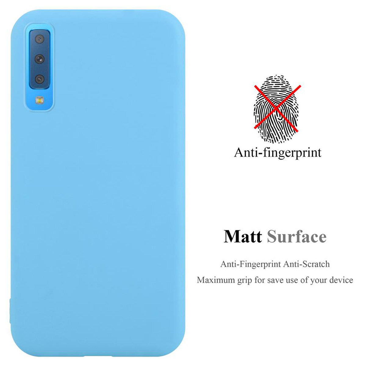 Custodia per telefono azzurra con fori per fotocamera. Testo: Anti-impronta, superficie opaca, antigraffio, massima presa.