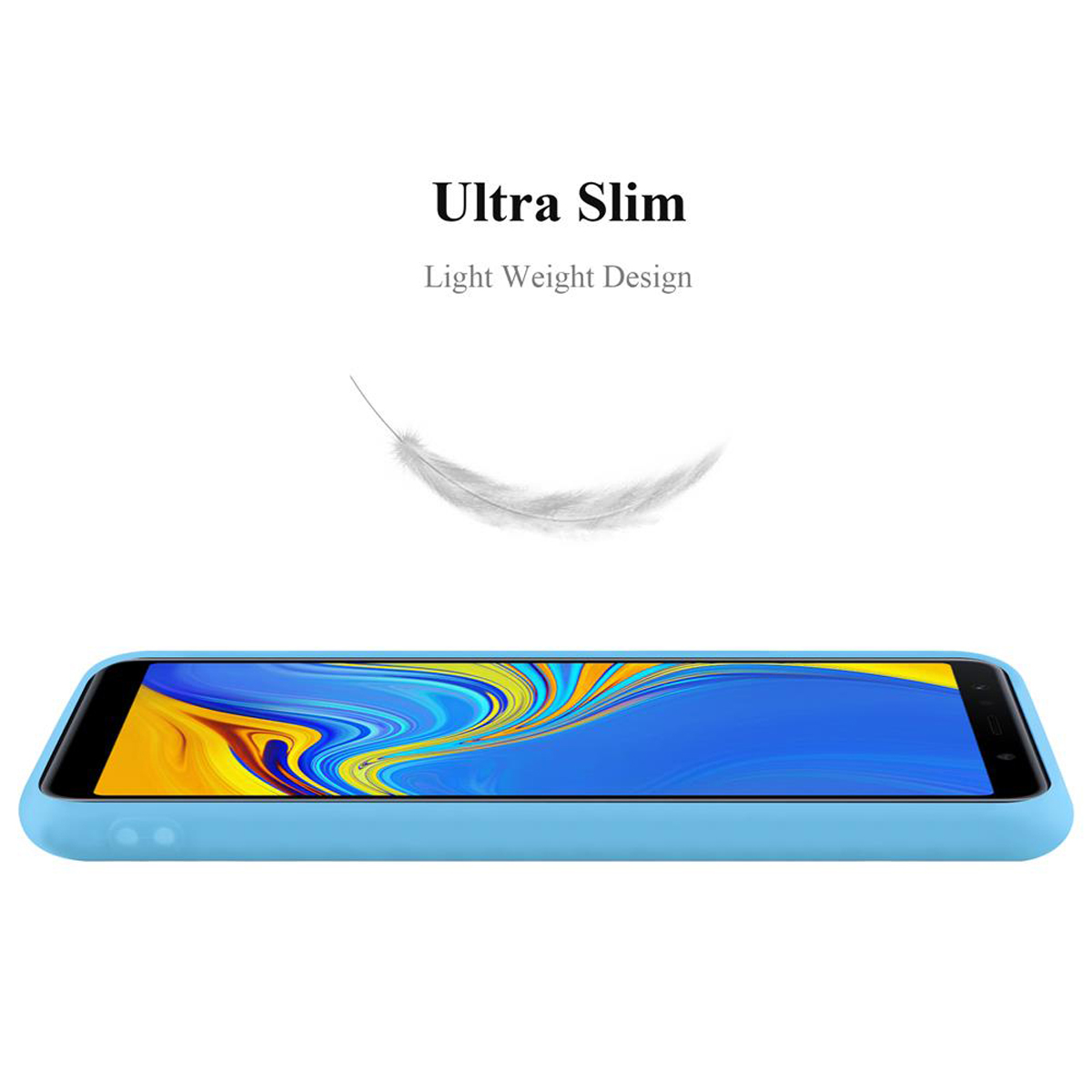 Una custodia per telefono in azzurro. È molto sottile. Una piuma è in aria sopra il telefono.