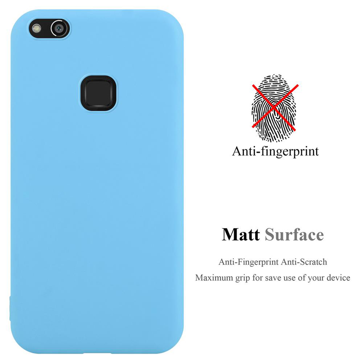Custodia per telefono azzurra senza impronte digitali. Antiscivolo e superficie opaca indicate.