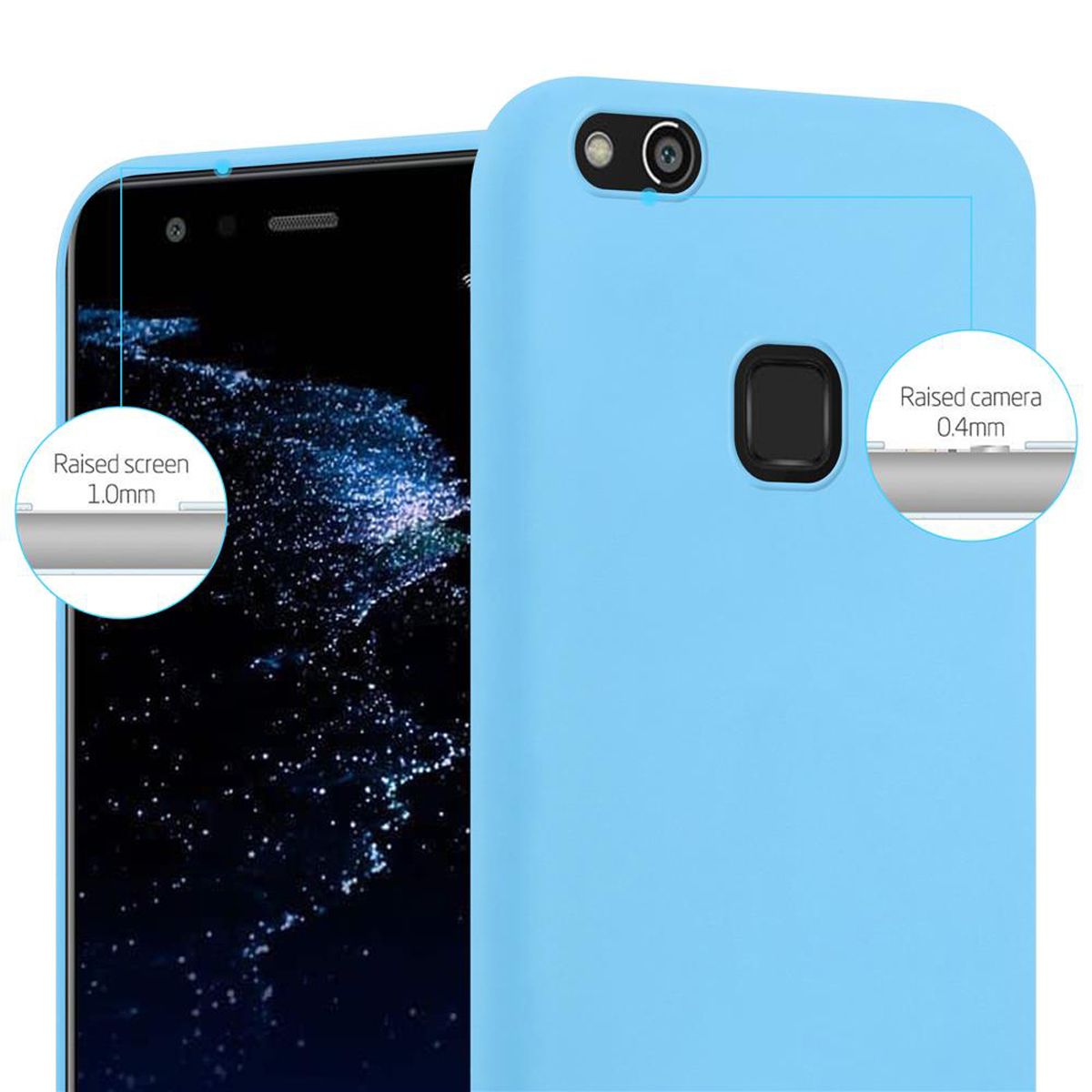 Custodia per telefono azzurra. Il telefono ha uno schermo blu. Il testo descrive lo schermo e la fotocamera rialzati.