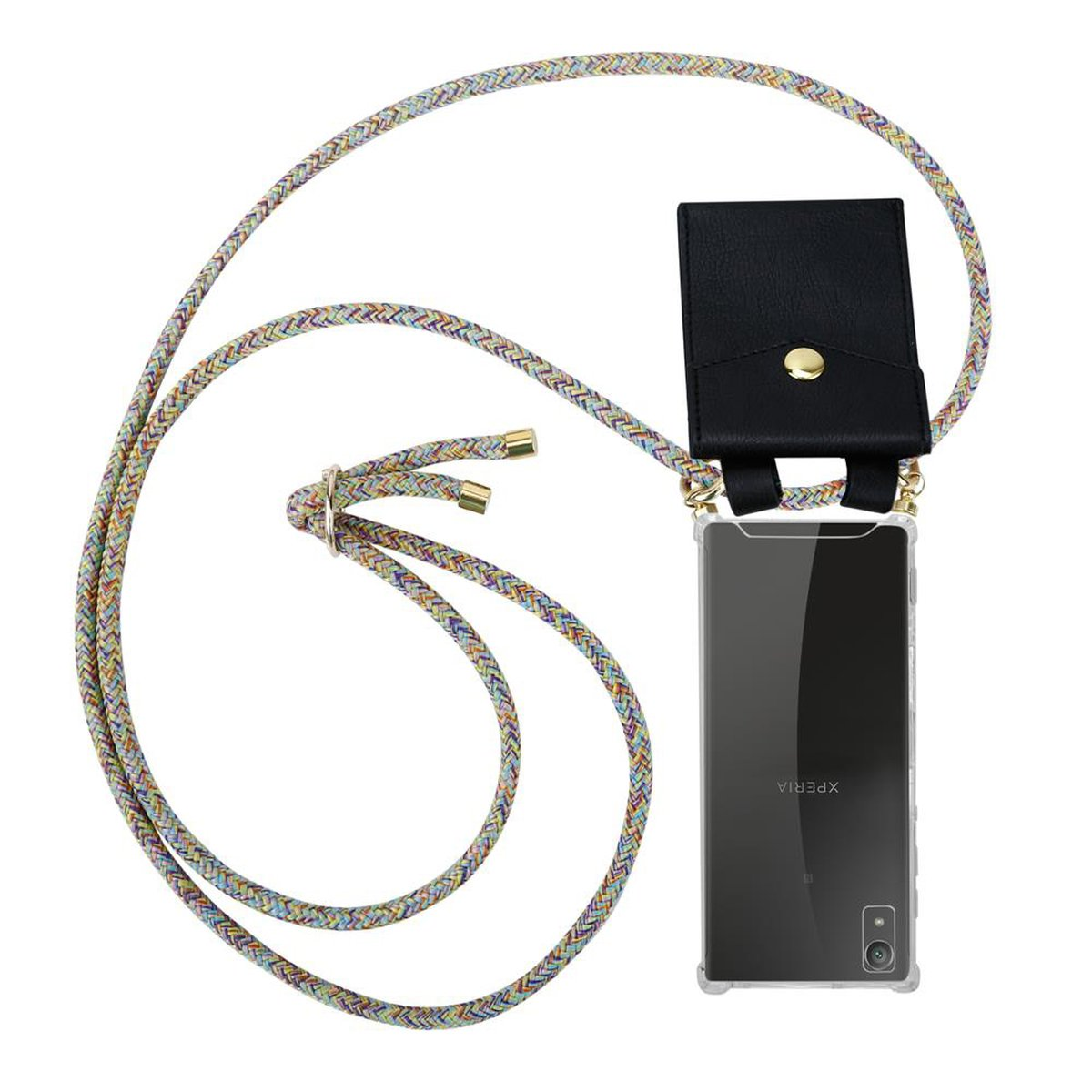 Handyhülle mit buntem Seil. Eine schwarze Ledertasche mit goldenem Knopf und Telefon.