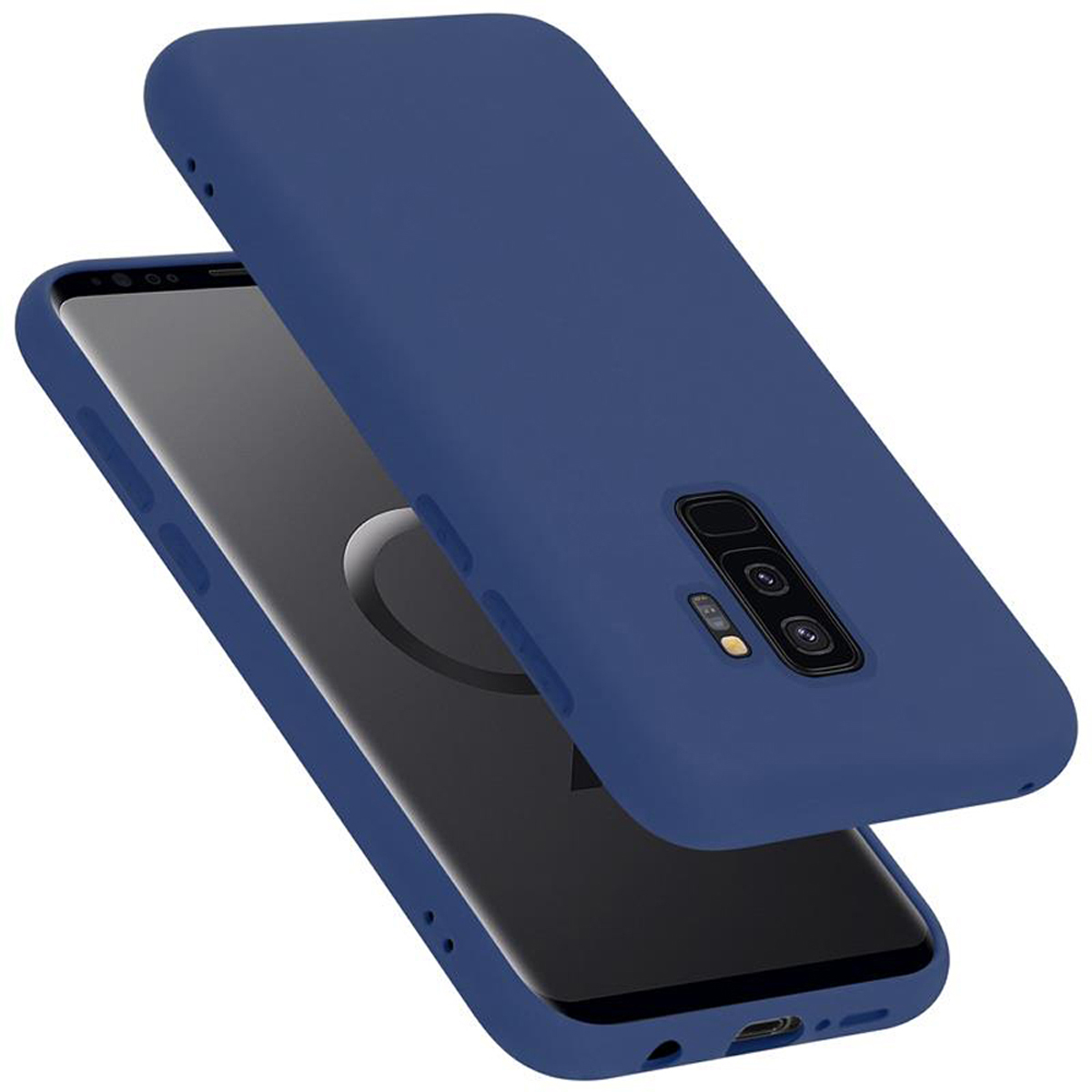 Custodia blu su telefono nero. Custodia superiore sollevata. Lo sfondo è bianco.