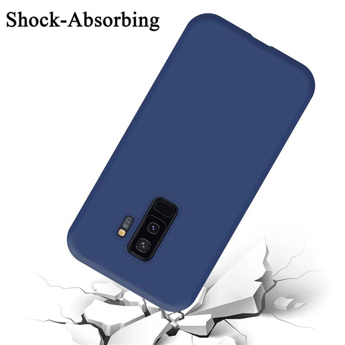 Una custodia blu, con il telefono che cade e rompe la superficie.