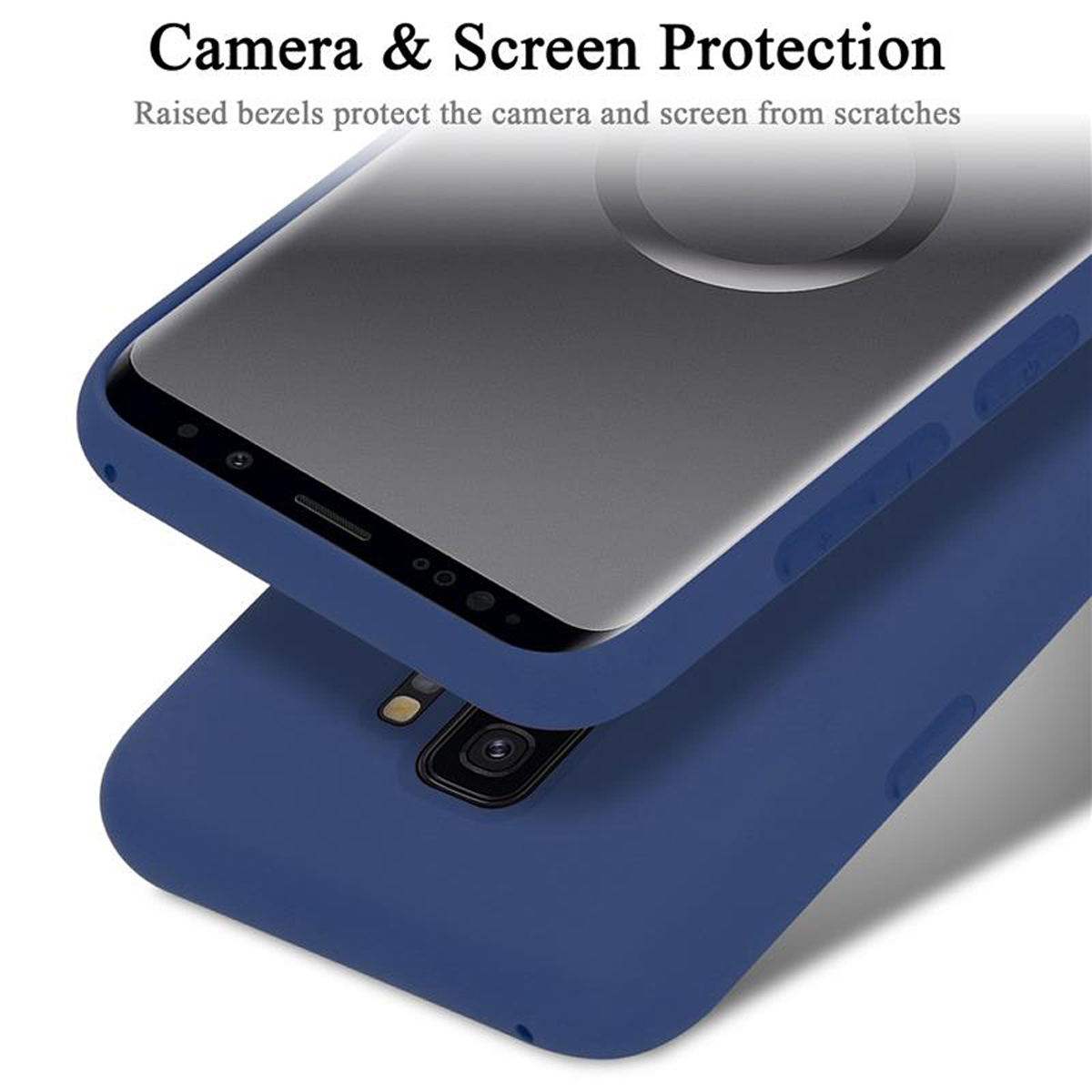 Custodia per telefono blu con le parole "Camera & Screen Protection", che copre uno schermo, su sfondo bianco.