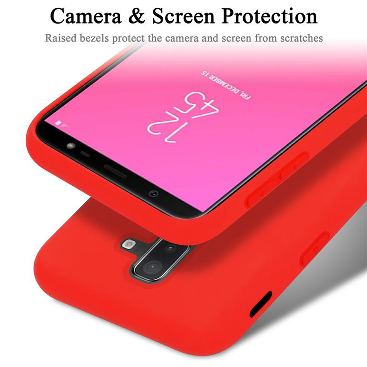 Custodia rossa. Telefono nella custodia con cornici rialzate che proteggono la fotocamera e lo schermo.