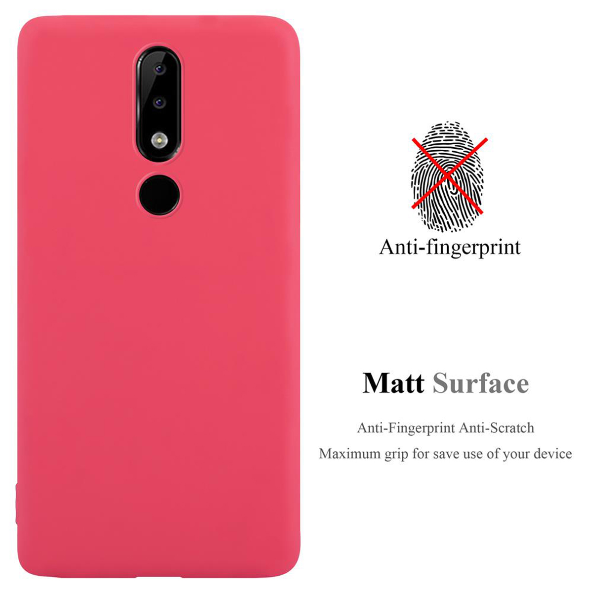 Rosa Handyhülle mit Text: Anti-Fingerabdruck, Matt Oberfläche. Ein Fingerabdrucksymbol ist durchgestrichen.