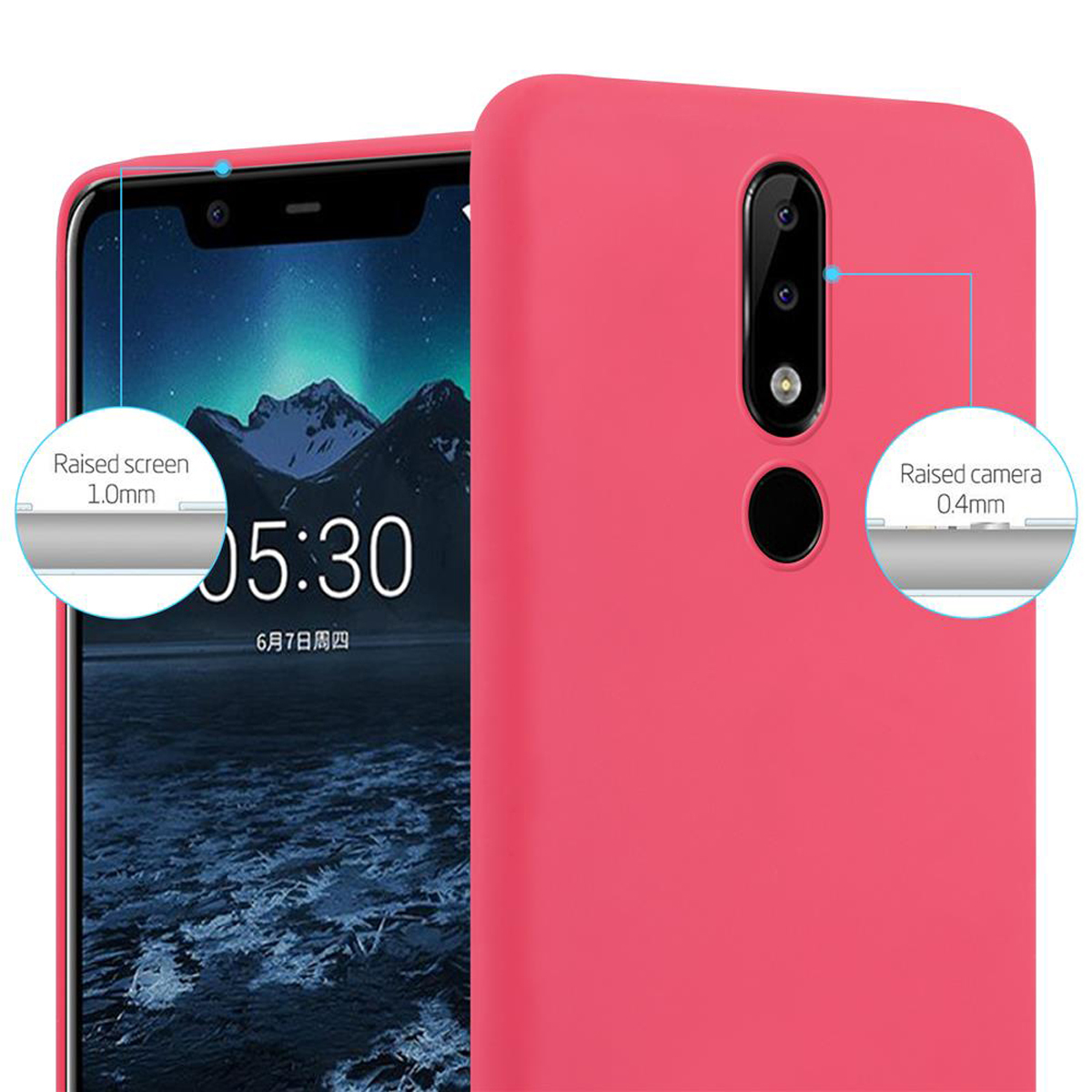 Eine rosa Handyhülle mit dem Telefon darin, die den erhöhten Bildschirm und die Kamera hervorhebt.