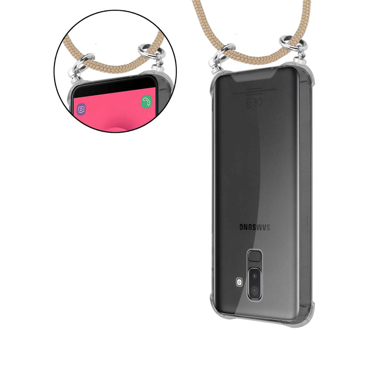 Transparente Handyhülle mit beigem Kordel. Das Telefon befindet sich rechts.