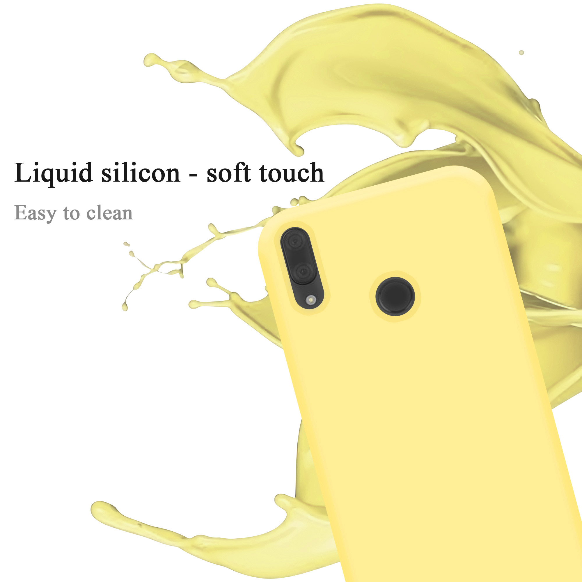 Gelbe Handyhülle mit Spritzeffekt. Text: Flüssiges Silikon-Soft-Touch und leicht zu reinigen.