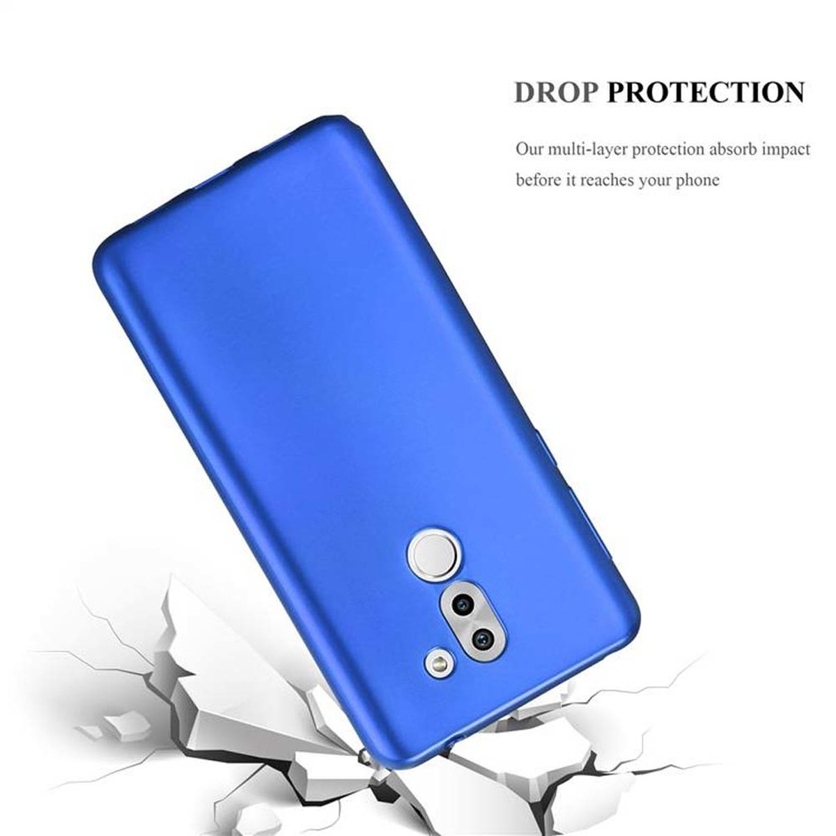 Custodia per telefono blu, angolata, con un terreno frantumato. Il testo dice "Protezione dalle cadute".