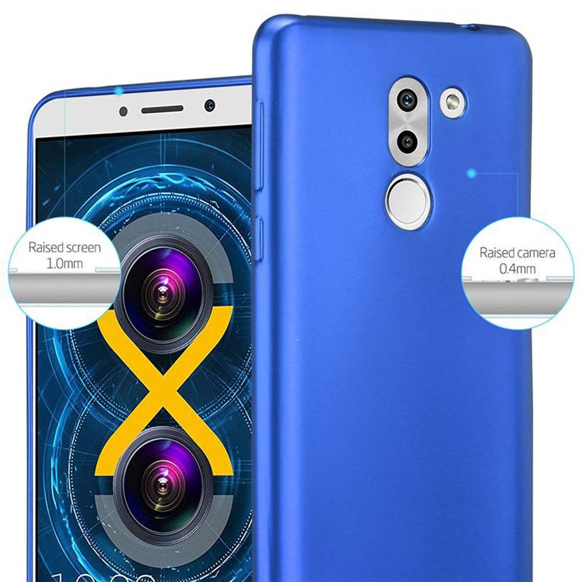 Custodia per telefono blu, due lenti e schermo e fotocamera rialzati, con testo.