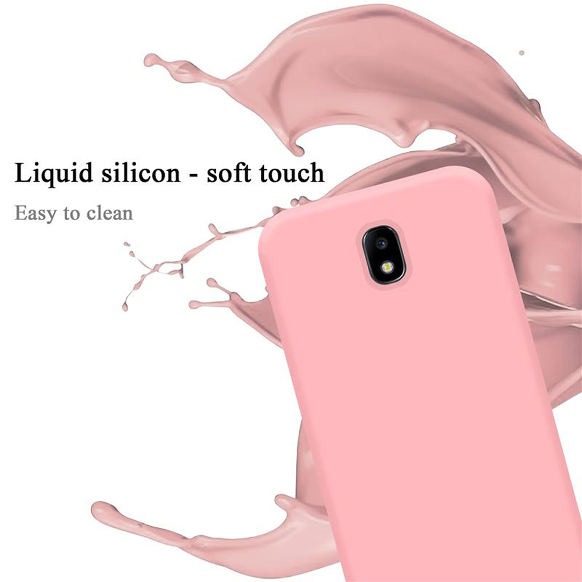 Custodia rosa per telefono con fotocamera posteriore. Testo: Silicone liquido - tocco morbido. Facile da pulire. Spruzzo rosa sullo sfondo.